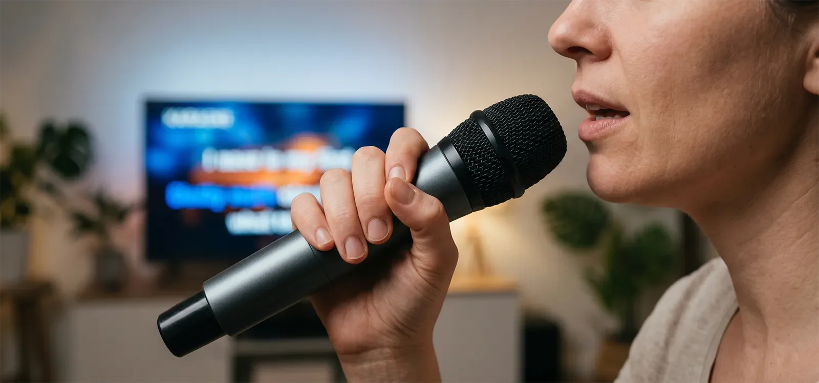 Cận cảnh cách cầm micro gần vừa phải và hơi lệch góc khi hát karaoke tại nhà