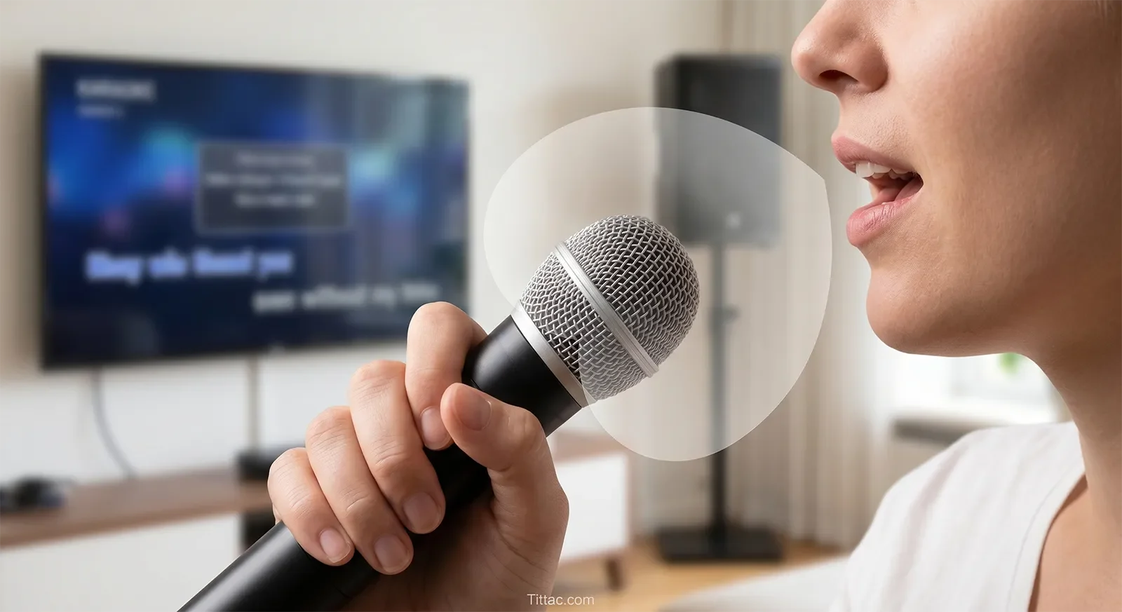 Diagram showing microphone pickup pattern and usable singing zone for home karaoke