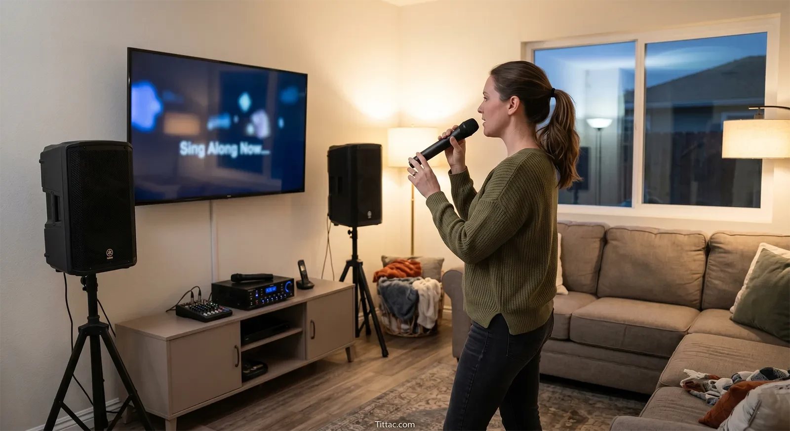 Singer testing microphone angle and pickup behavior in a home karaoke room while facing the TV