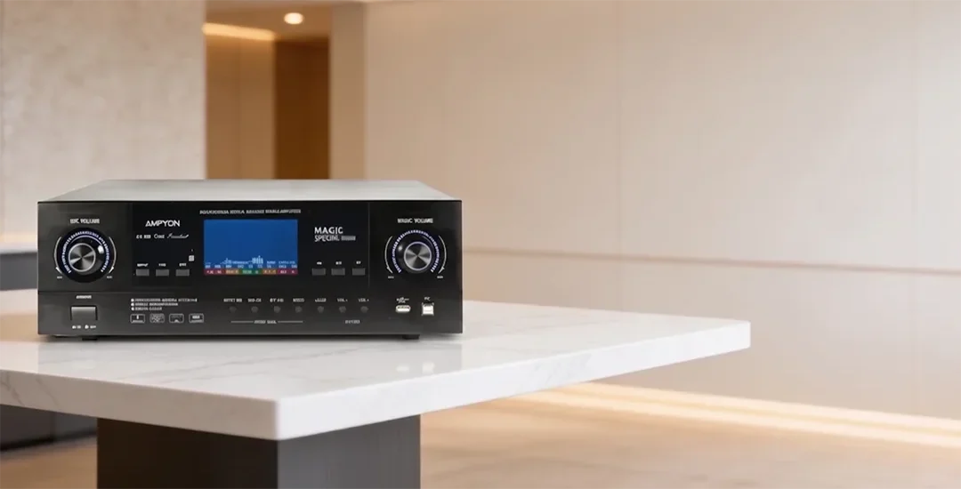 Amply karaoke tích hợp mixer đặt trong không gian phòng khách hiện đại