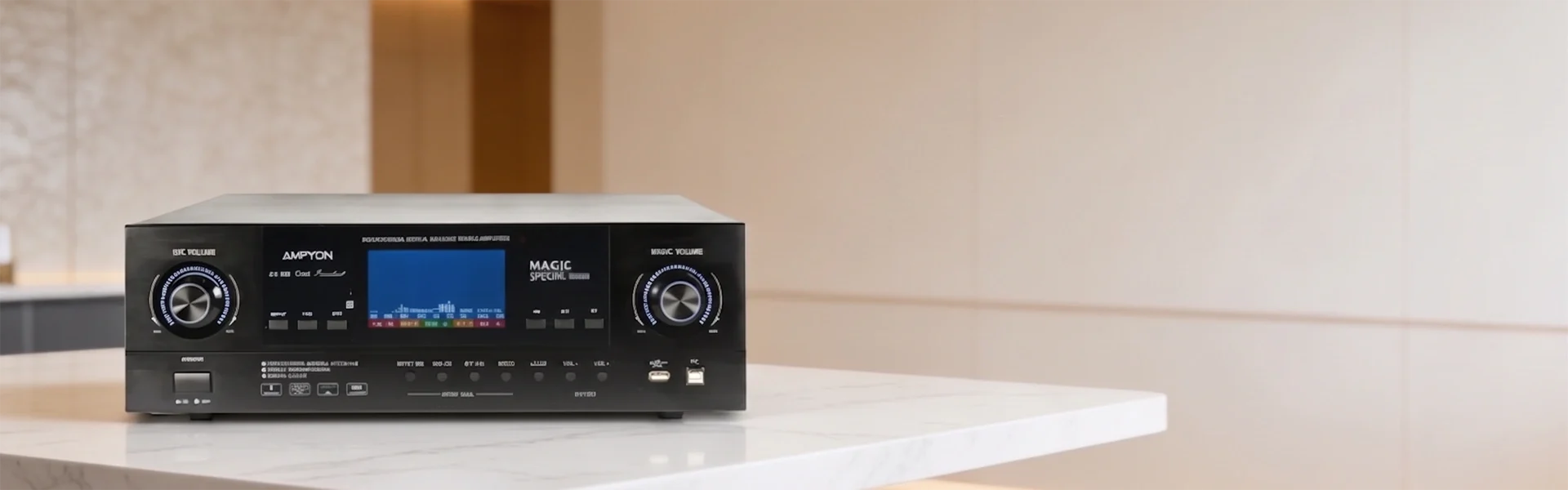 Amply karaoke tích hợp mixer đặt trong không gian phòng khách hiện đại