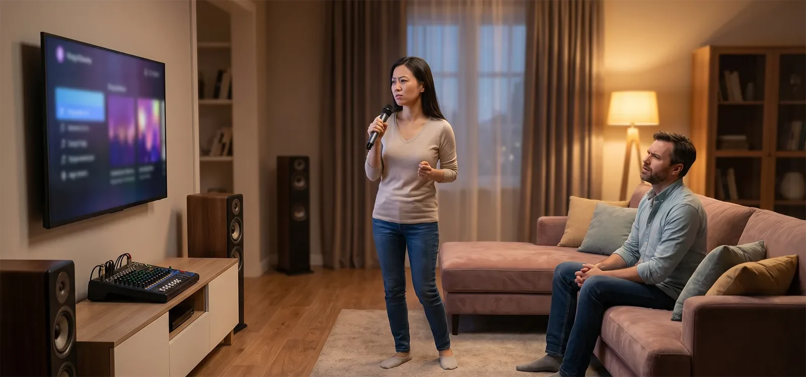 Home karaoke room where the singer and listener notice the sound feels blurred and unclear