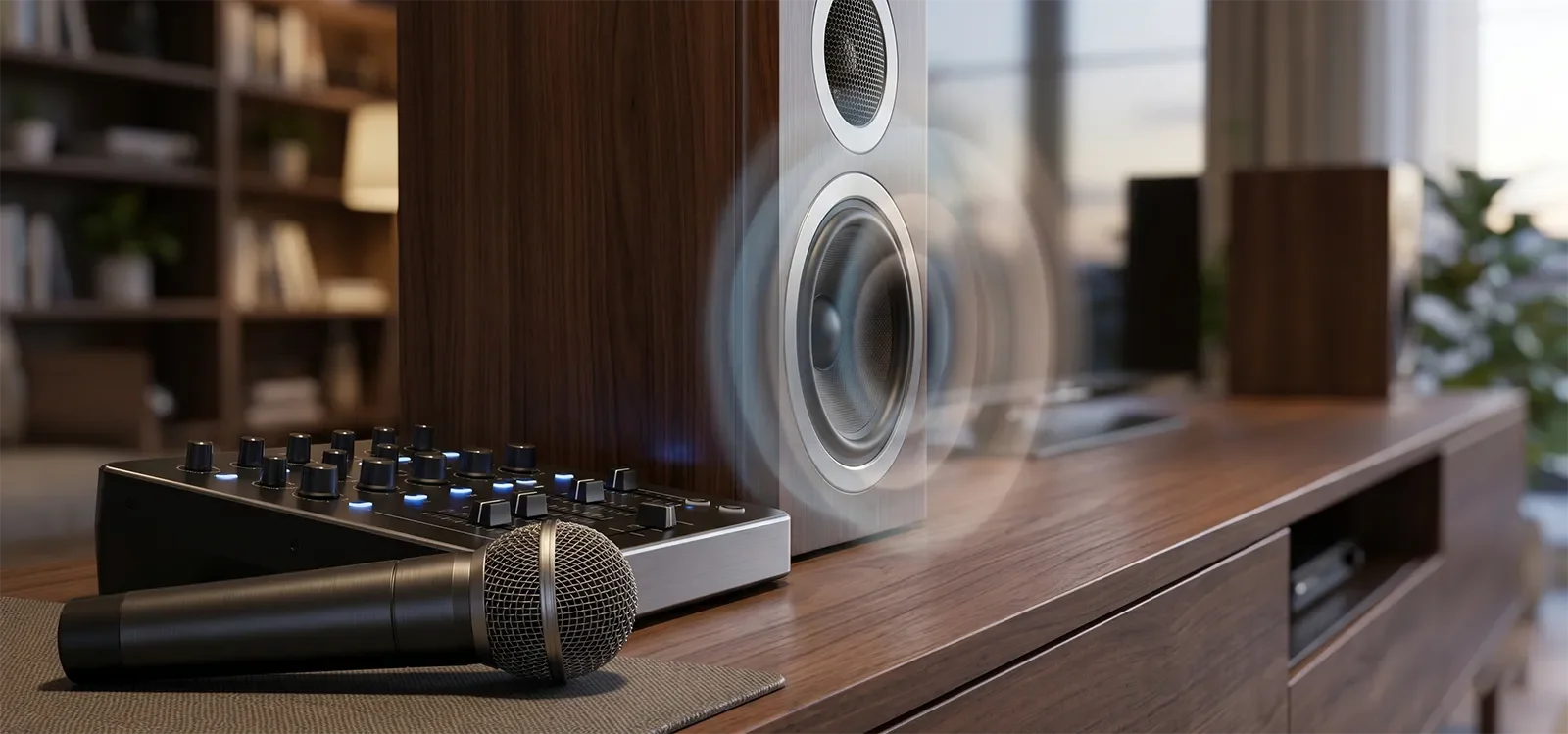 Close-up karaoke speaker and mixer showing how vocals and music can blend together and lose separation