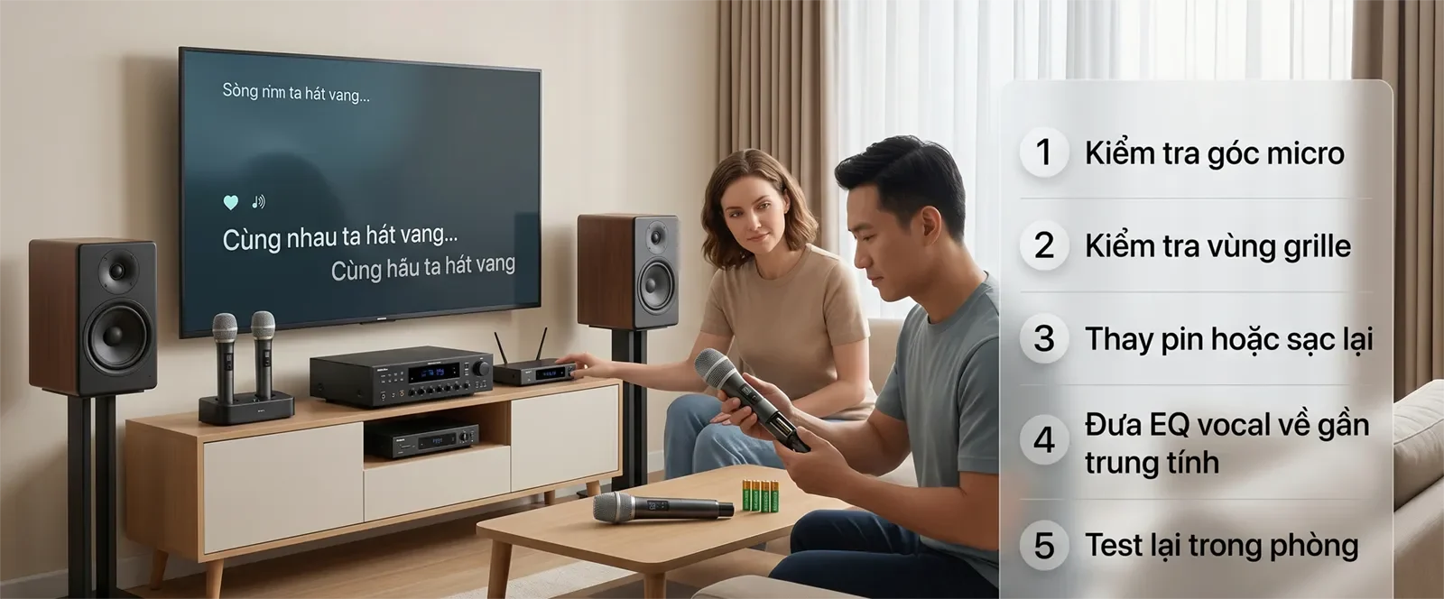 Checklist xử lý micro karaoke bị nghẹt hoặc đục tiếng gồm kiểm tra góc micro, vùng grille, pin, EQ vocal và test lại trong phòng.