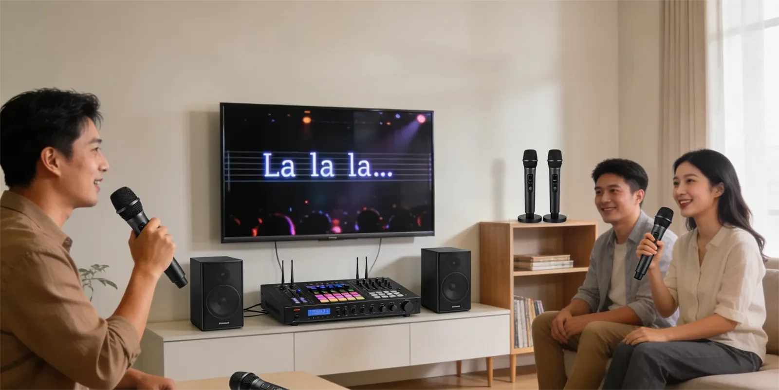 Home karaoke setup with multiple wireless microphones where too many active microphones can increase feedback risk.