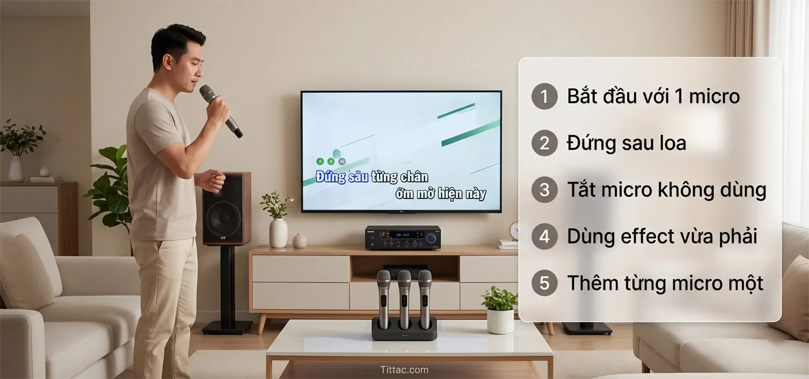 Checklist kiểm soát hú/rít khi dùng nhiều micro karaoke gồm bắt đầu với 1 micro, đứng sau loa, tắt micro không dùng, dùng effect vừa phải và thêm từng micro một.