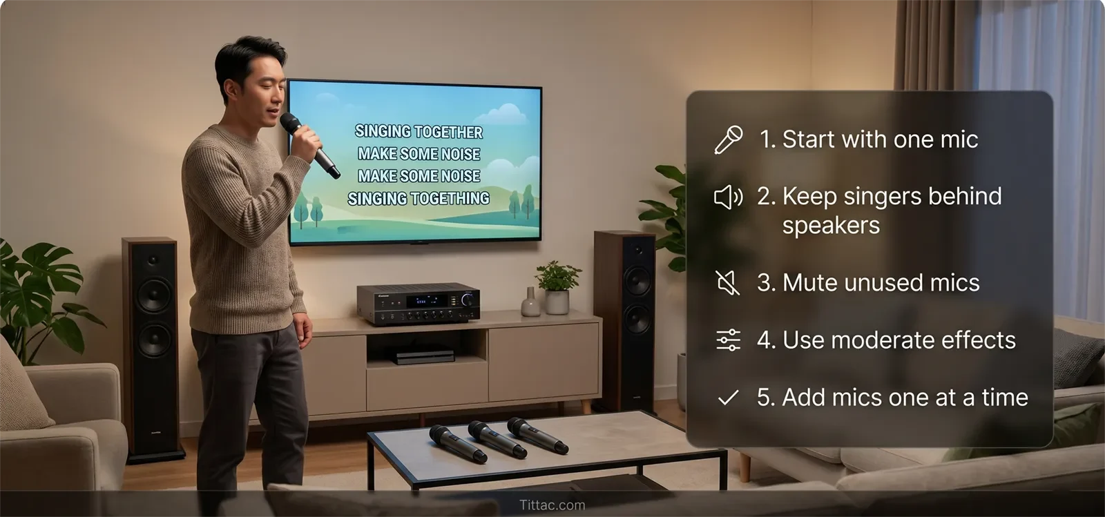 Multi-mic karaoke feedback control checklist showing one-mic testing, singers behind speakers, muted unused mics, moderate effects, and adding mics one at a time.