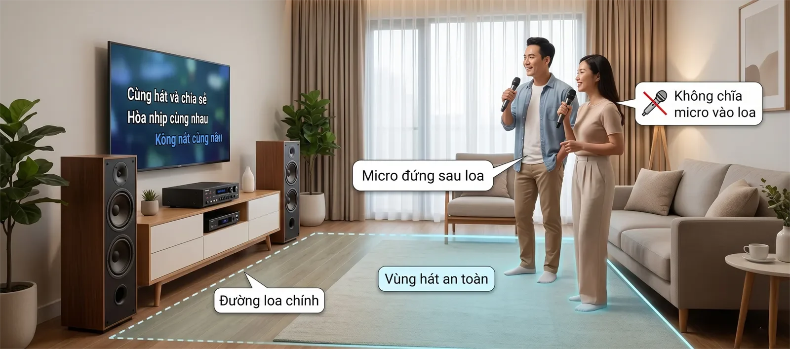 Minh họa nhiều micro karaoke với đường loa chính, vùng hát an toàn, người hát đứng sau loa và tránh chĩa micro vào loa.