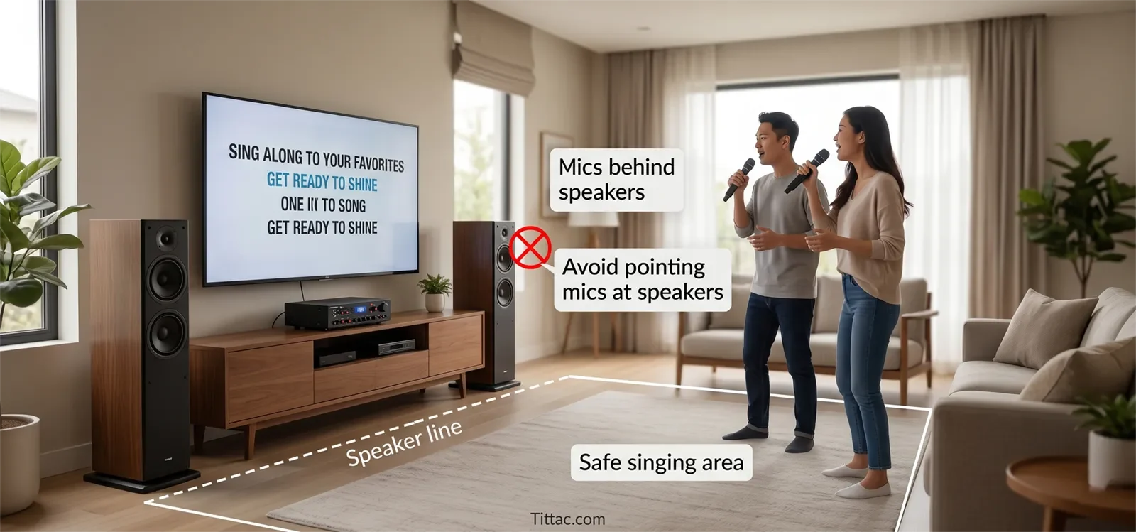 Multiple karaoke microphones setup showing the speaker line, safe singing area, microphones behind speakers, and avoiding pointing mics at speakers.