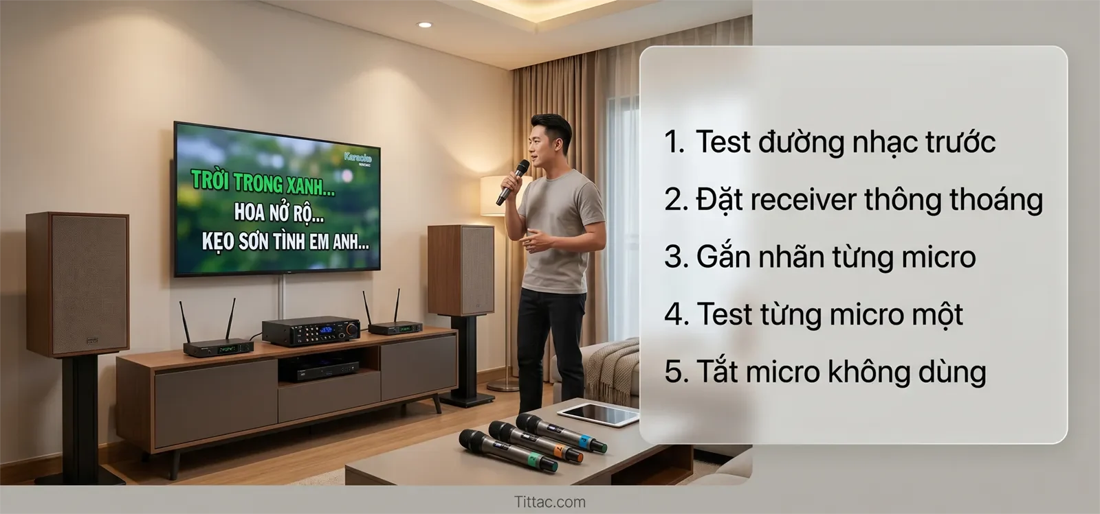 Checklist kết nối nhiều micro không dây gồm test đường nhạc trước, đặt receiver thông thoáng, gắn nhãn từng micro, test từng micro một và tắt micro không dùng.