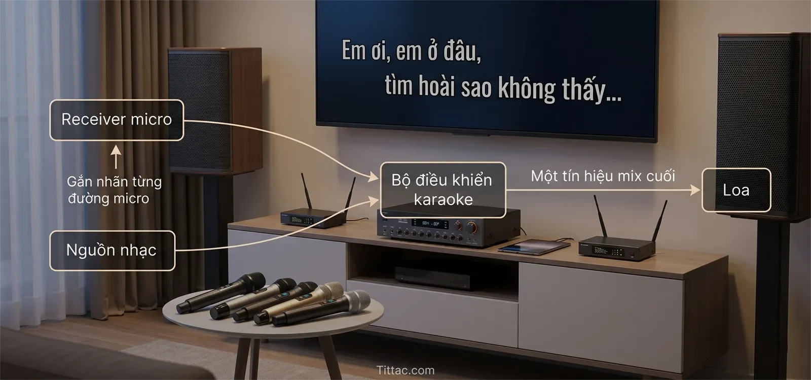 Minh họa signal path nhiều micro không dây, cho thấy receiver micro và nguồn nhạc đi vào một bộ điều khiển karaoke, rồi ra một tín hiệu mix cuối tới loa.
