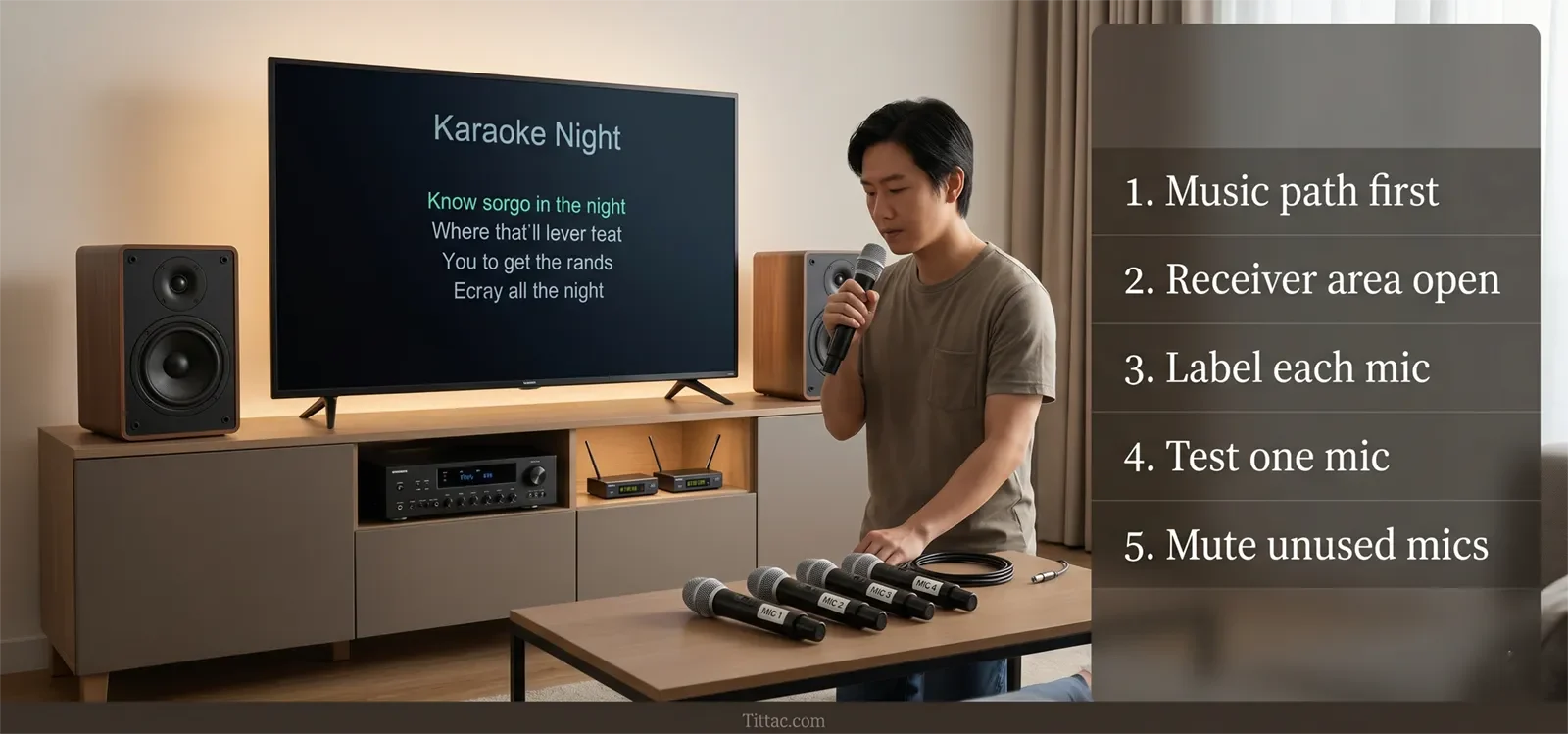 Multiple wireless microphone signal path showing mic receivers and music source routed to one karaoke control point, then one final mix to speakers.
