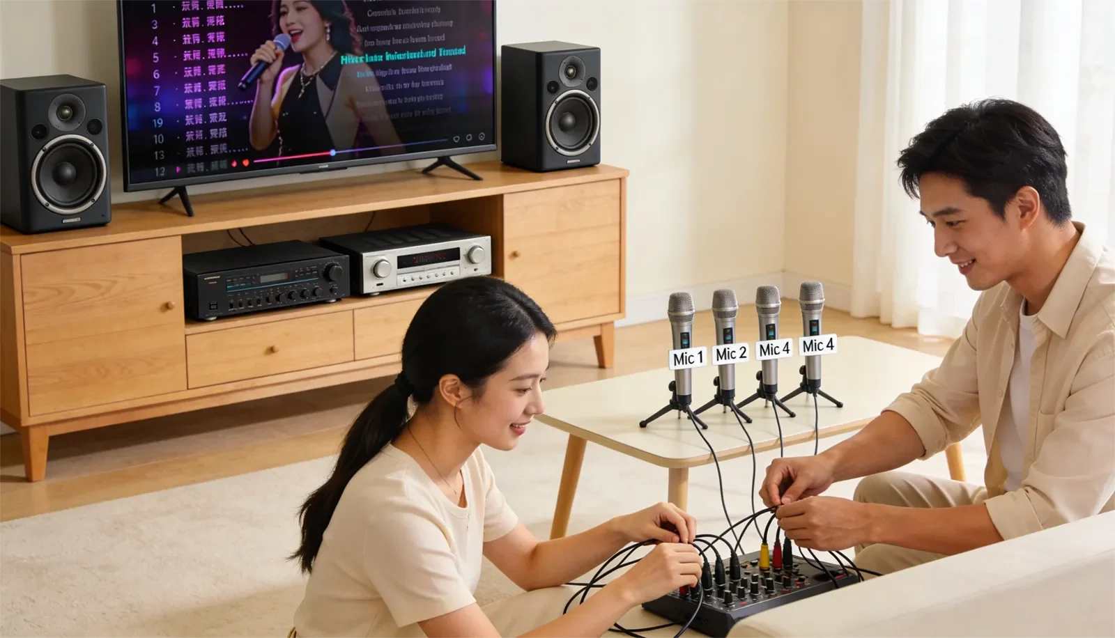 Setup karaoke gia đình với nhiều micro không dây, receiver được sắp gọn, mixer, loa và TV hiển thị lời bài hát.