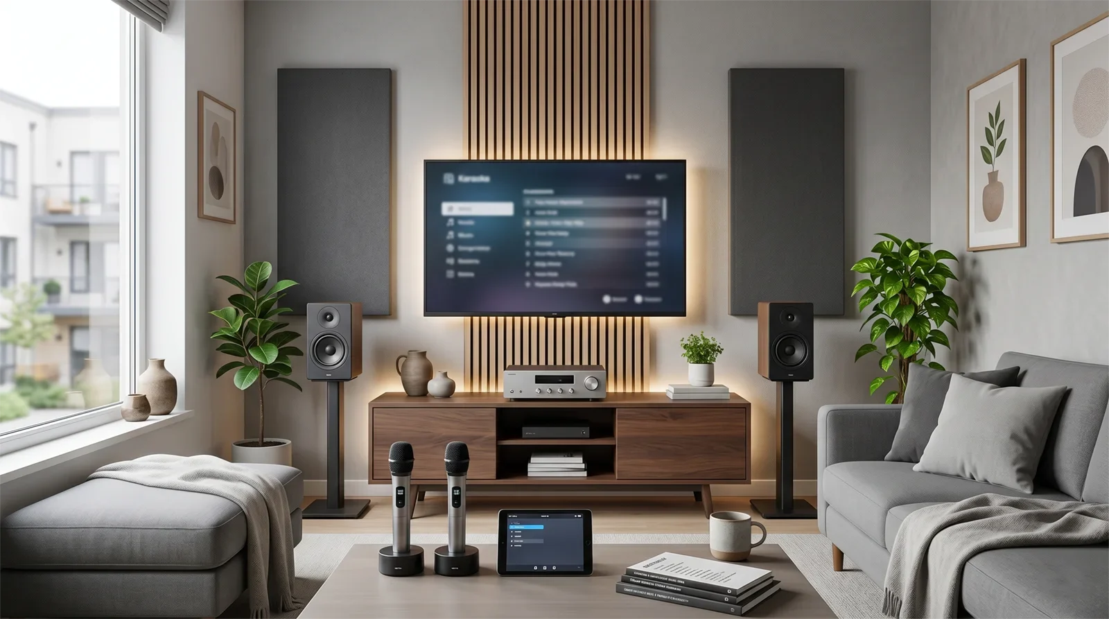 Shared-wall karaoke setup with controlled bass, moderate volume, clear microphones, and a calm living room layout.