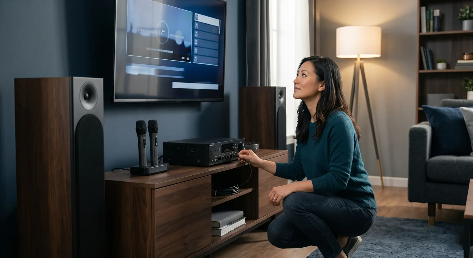 Người dùng đang kiểm tra lỗi TV có hình karaoke nhưng dàn karaoke không ra tiếng trong phòng khách hiện đại với TV, amply, loa và micro không dây.