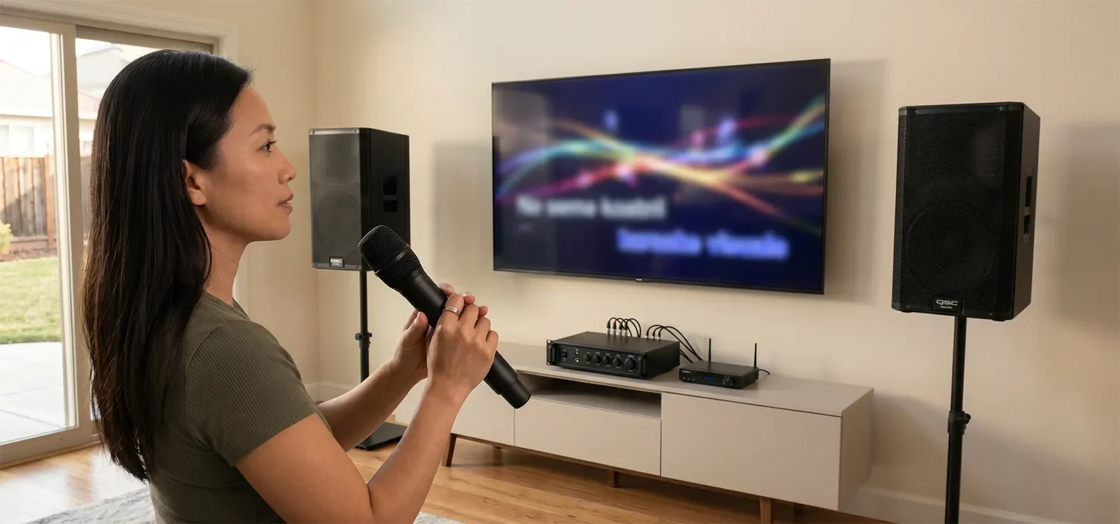 Người hát karaoke tại nhà nhìn vào TV và cầm micro hơi lệch trục với loa PA trong phòng