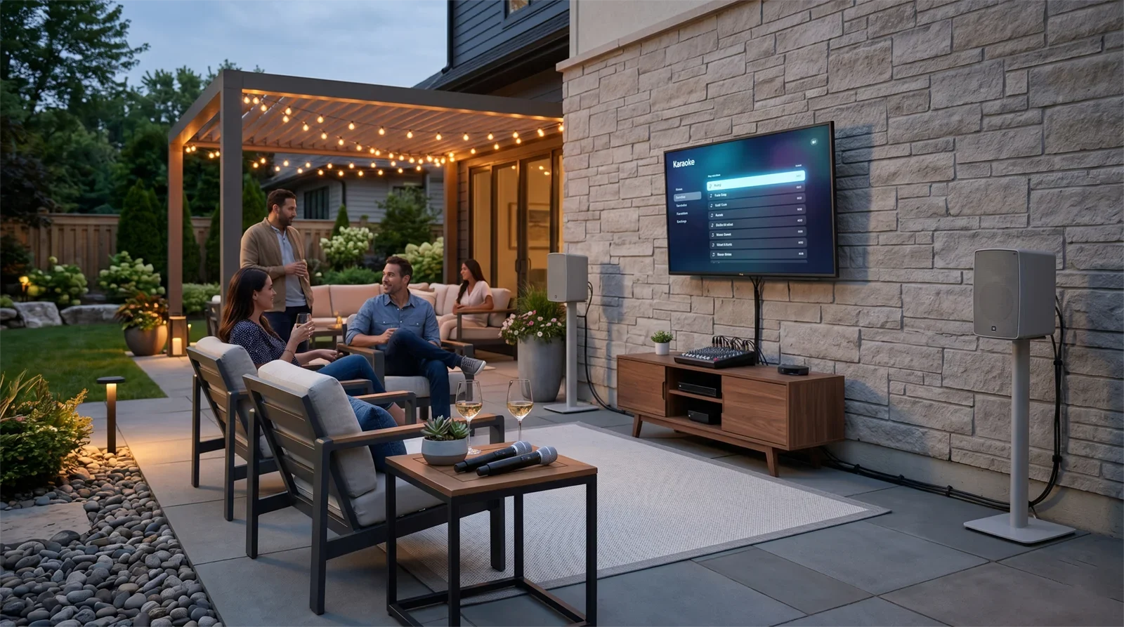 Outdoor karaoke setup on a backyard patio with TV screen, speakers, wireless microphones, and guests gathered in a clean family-friendly layout.