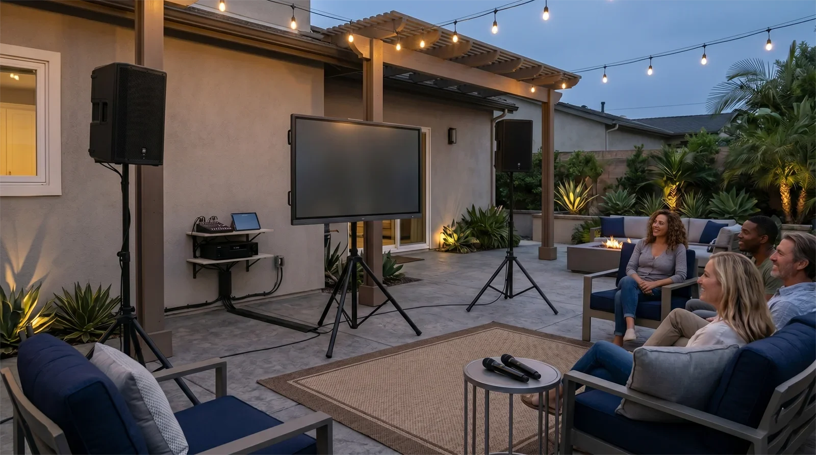 Outdoor karaoke speaker and wireless microphone placement with speakers aimed toward guests and a clear singing area in front of the screen.