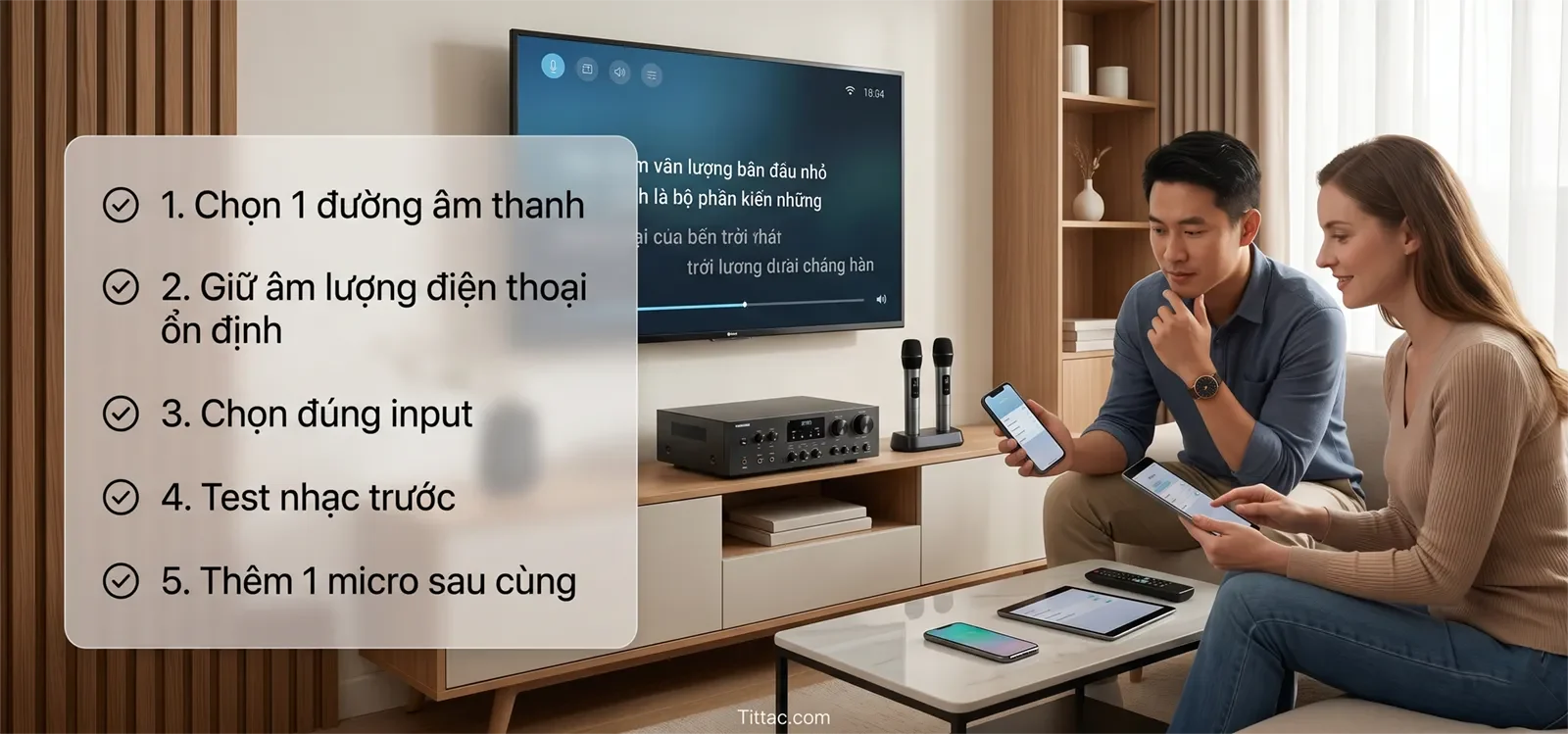 Checklist kết nối karaoke với điện thoại hoặc máy tính bảng gồm chọn một đường âm thanh, giữ âm lượng ổn định, chọn đúng input, test nhạc trước và thêm một micro sau cùng.