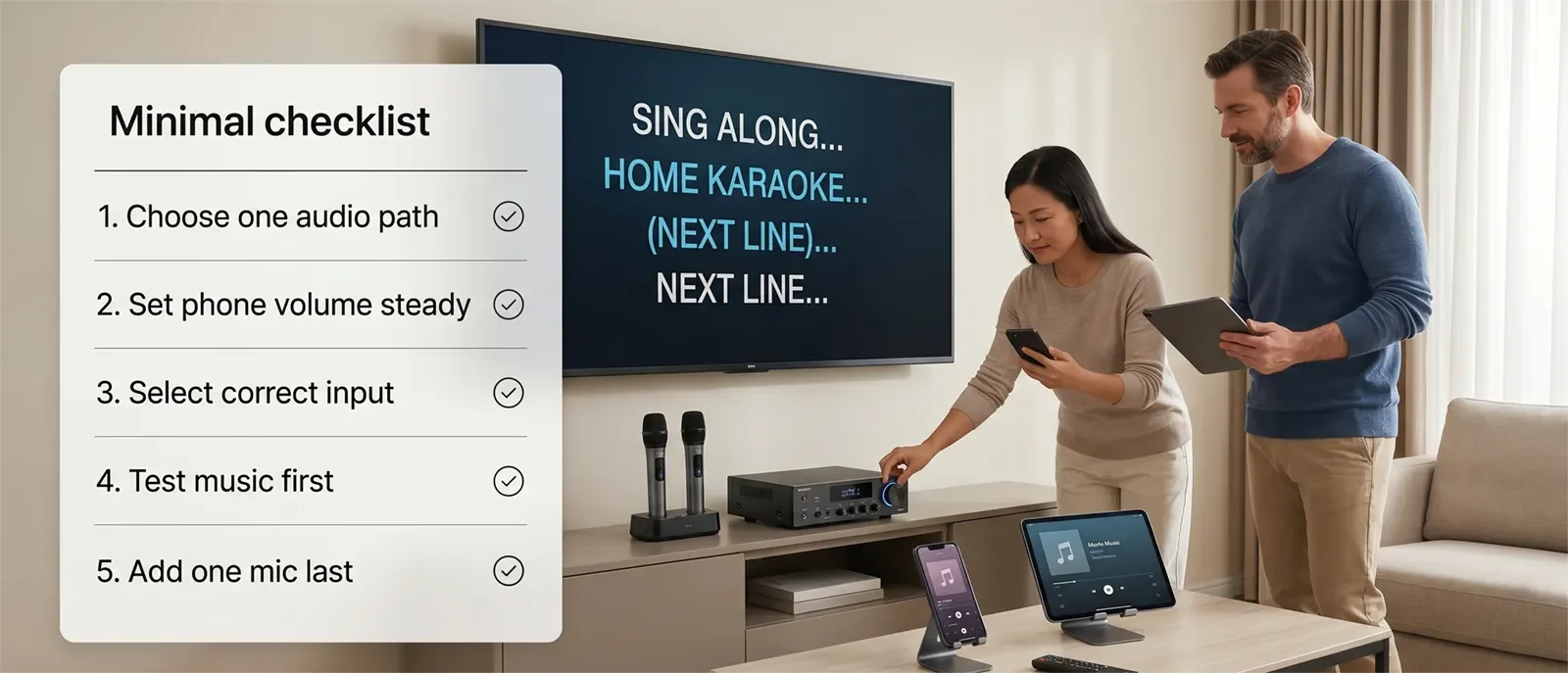 Phone or tablet karaoke connection checklist showing one audio path, steady phone volume, correct input, music test first, and adding one microphone last.