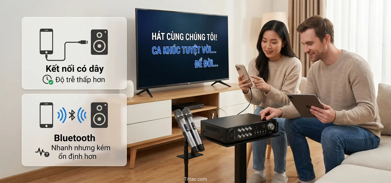 So sánh kết nối karaoke bằng điện thoại hoặc máy tính bảng giữa kết nối có dây độ trễ thấp hơn và Bluetooth nhanh nhưng kém ổn định hơn.