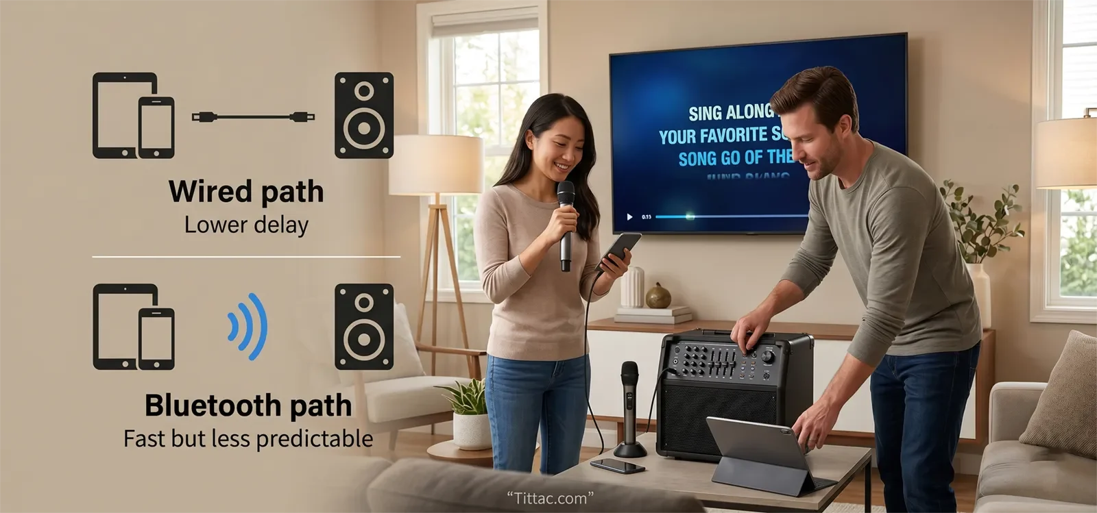 Phone and tablet karaoke connection comparison showing a wired path with lower delay and Bluetooth as faster but less predictable.