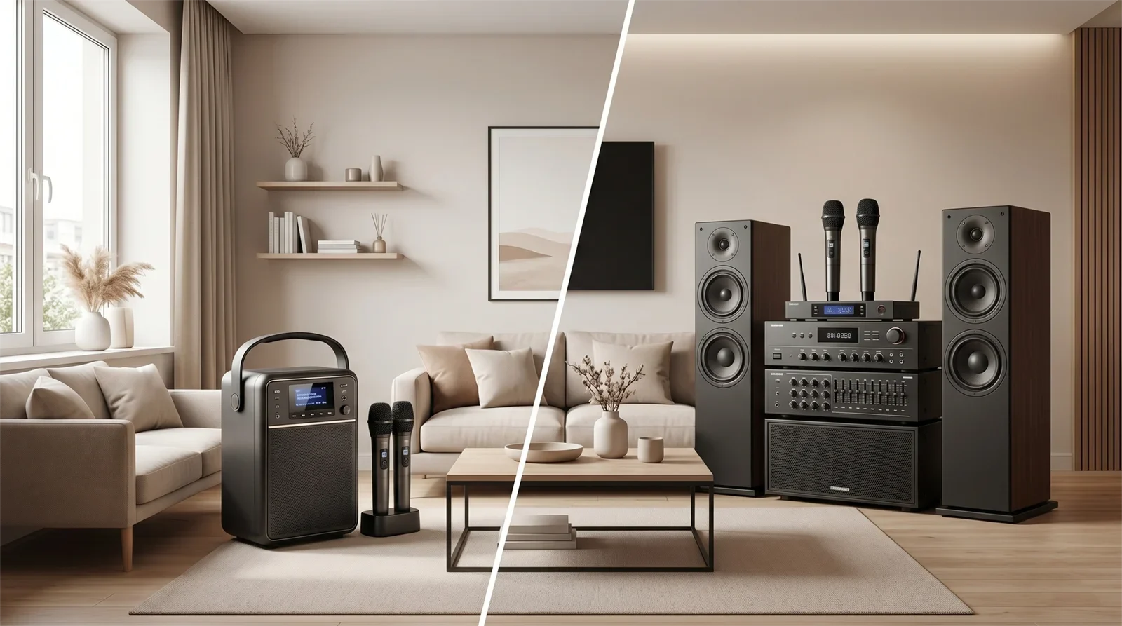 Portable karaoke system and full-size home karaoke system shown side by side in a modern home setting.