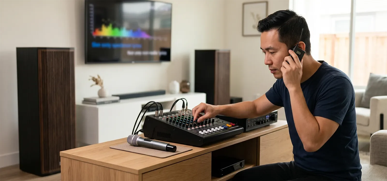 Người đang ngồi chỉnh amply và mixer trong lúc cân chỉnh dàn karaoke gia đình