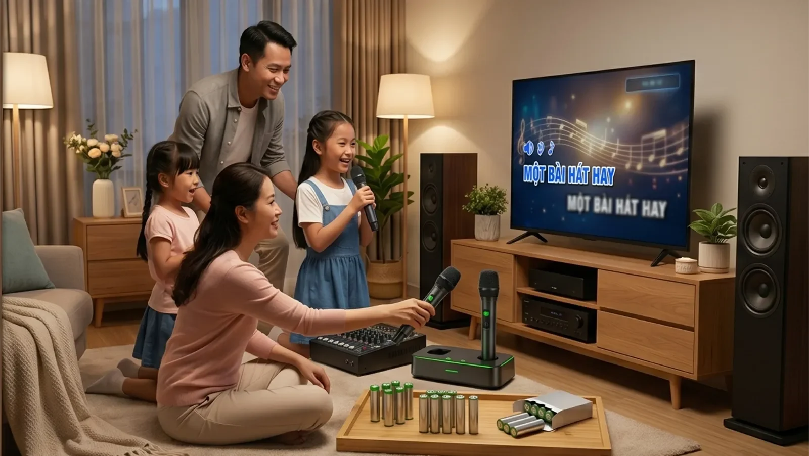 Rechargeable and AA battery wireless karaoke microphones compared in a modern home karaoke setup