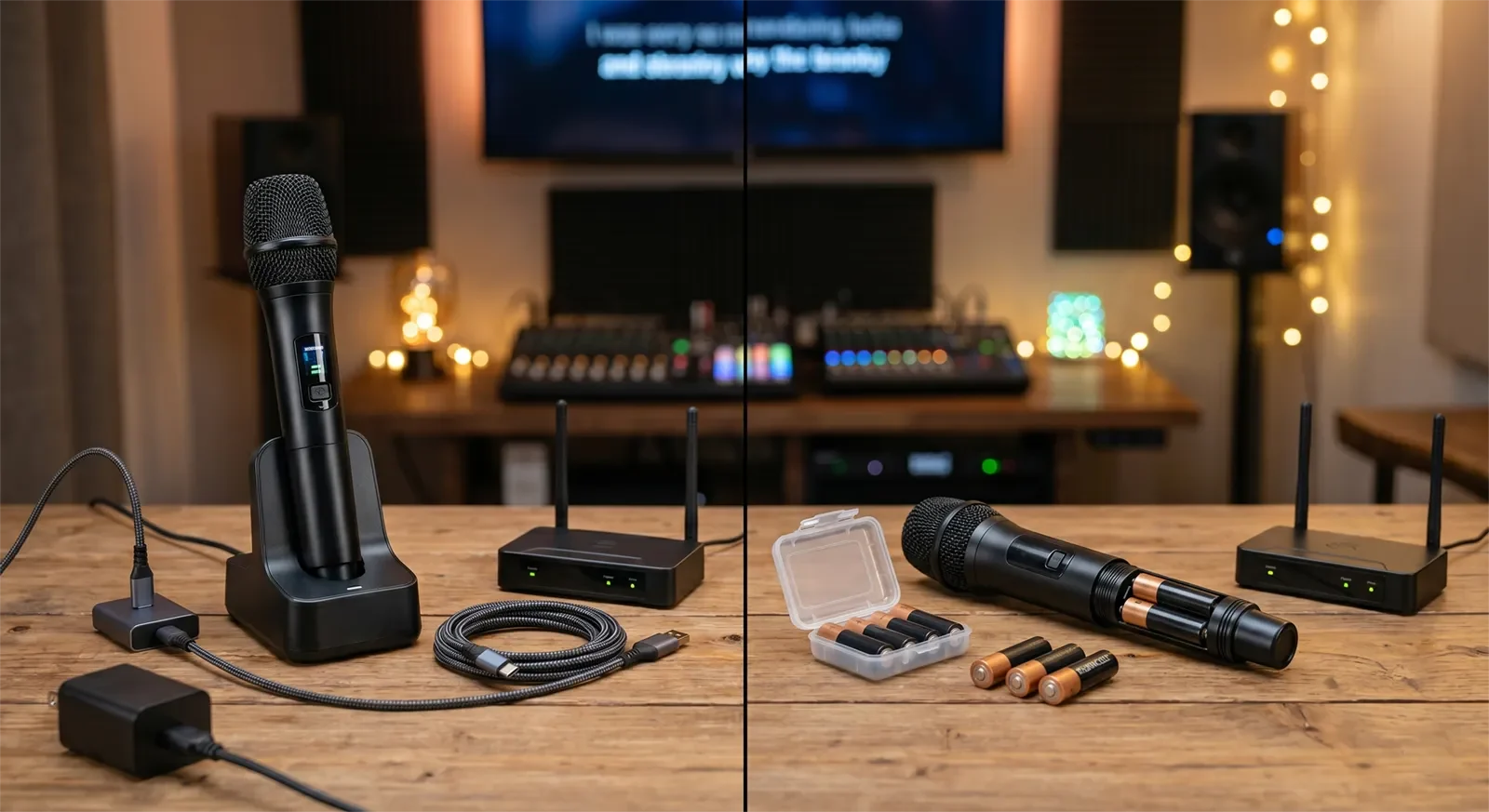 Side-by-side comparison of rechargeable and AA battery wireless karaoke microphones