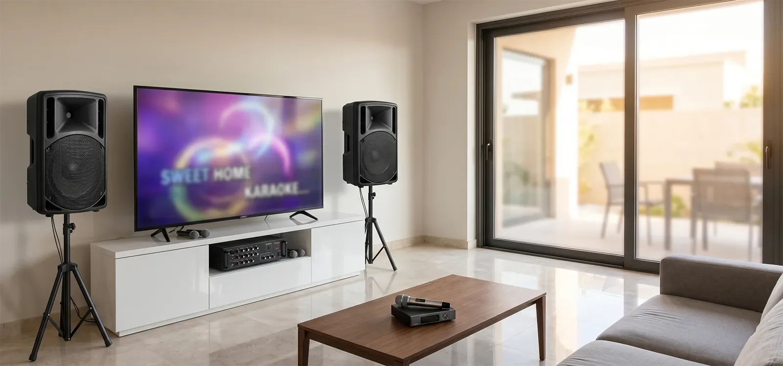 Phòng karaoke gia đình có loa PA, sàn cứng, tường trống và cửa kính làm âm thanh dễ bị dội và mệt tai
