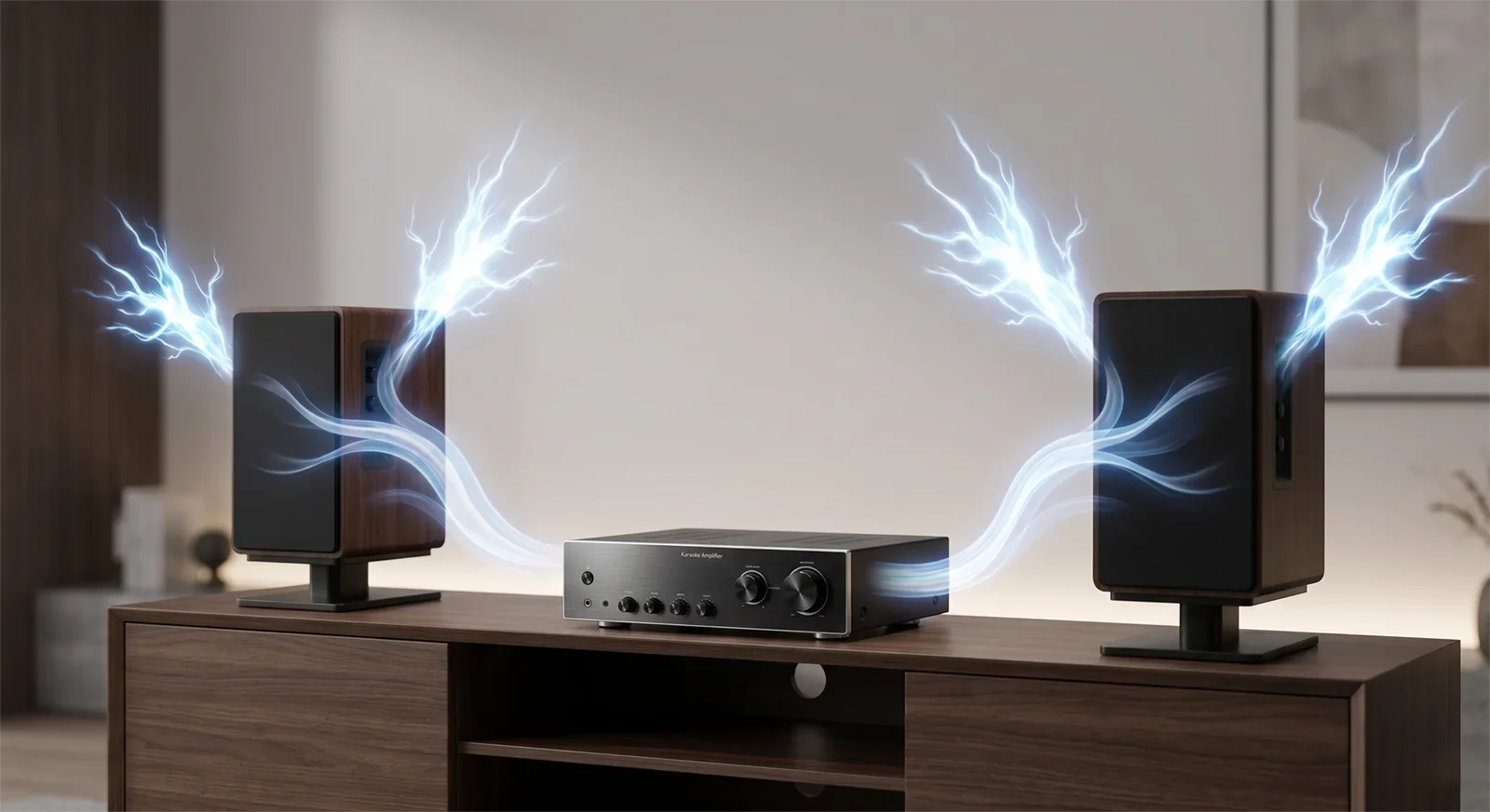 Educational visual comparing steady RMS power with short peak power bursts in a home karaoke audio system.