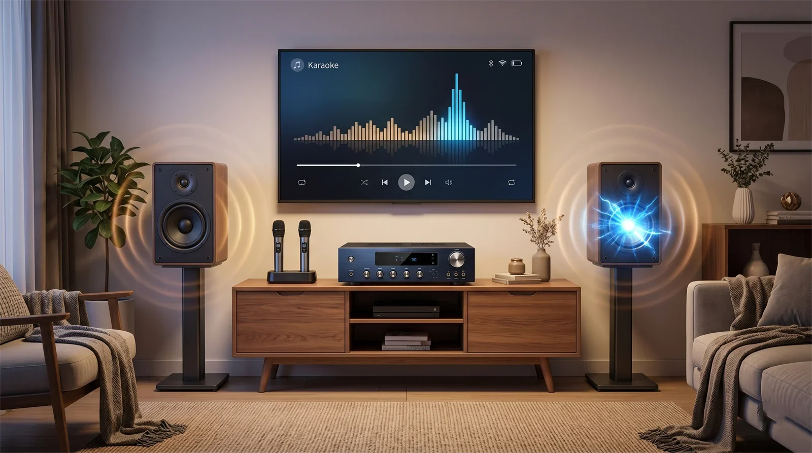 Home karaoke system with amplifier, speakers, and microphones showing the difference between RMS and peak power for real karaoke use.