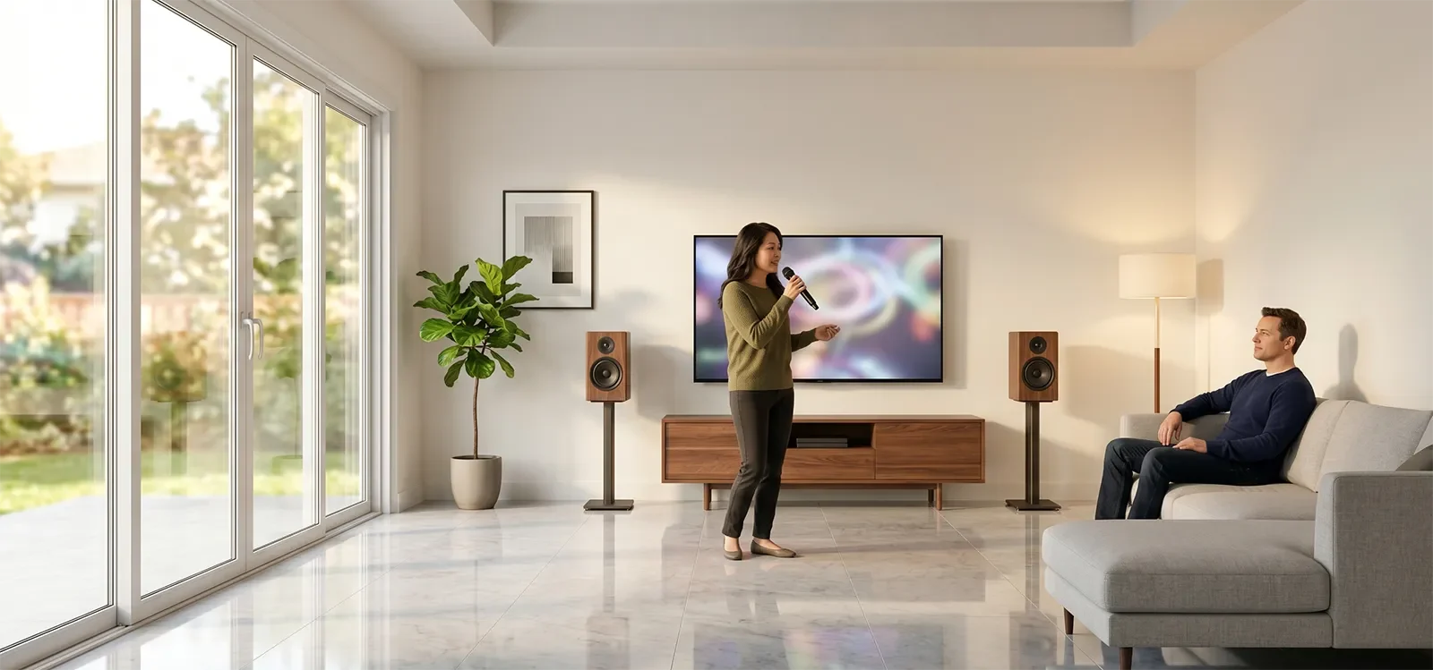 Home karaoke room with reflective surfaces affecting how focused and clear the vocal sounds