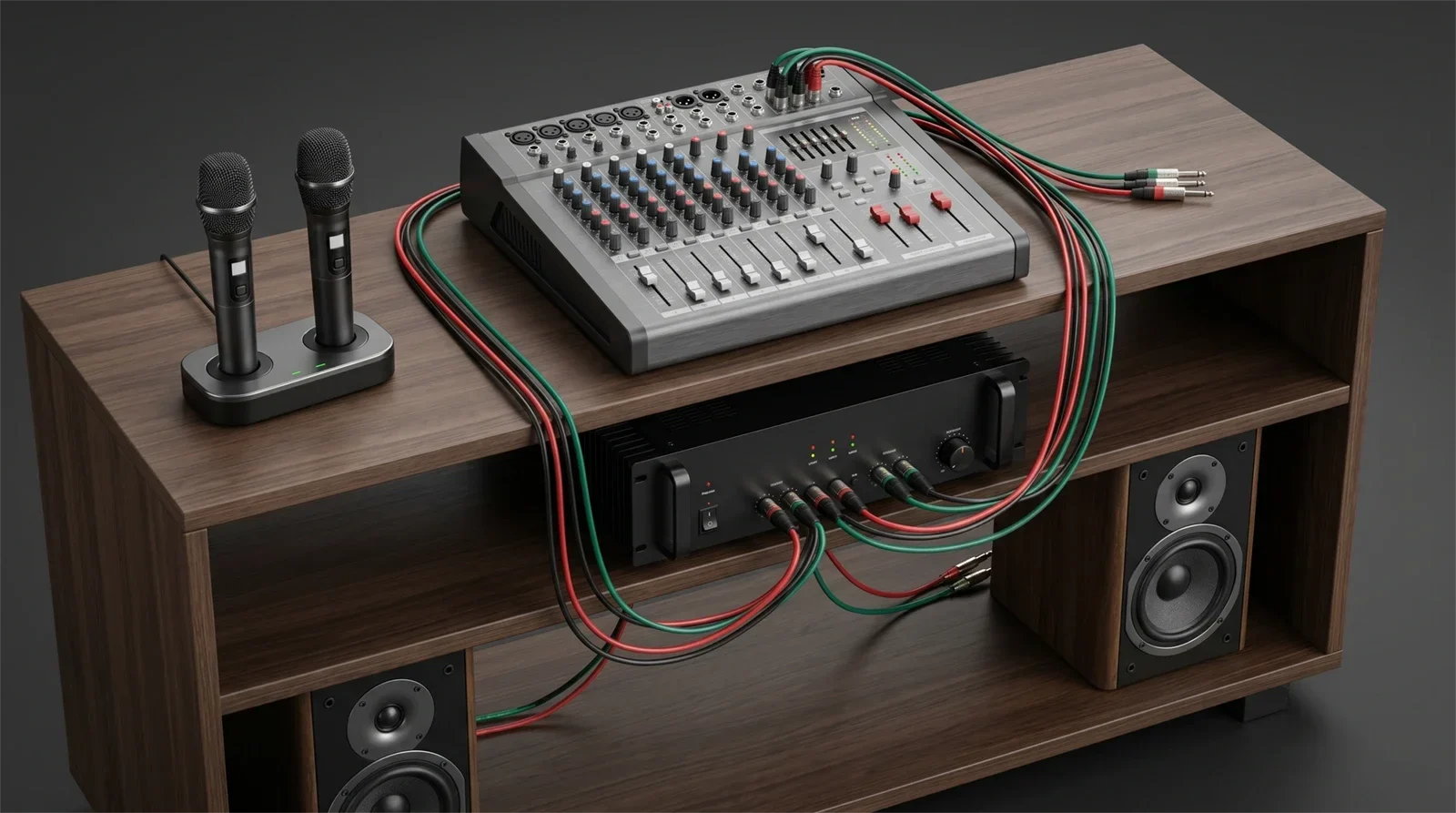 Separate mixer and amplifier karaoke setup with speakers and microphones arranged for a more hands-on home audio system.