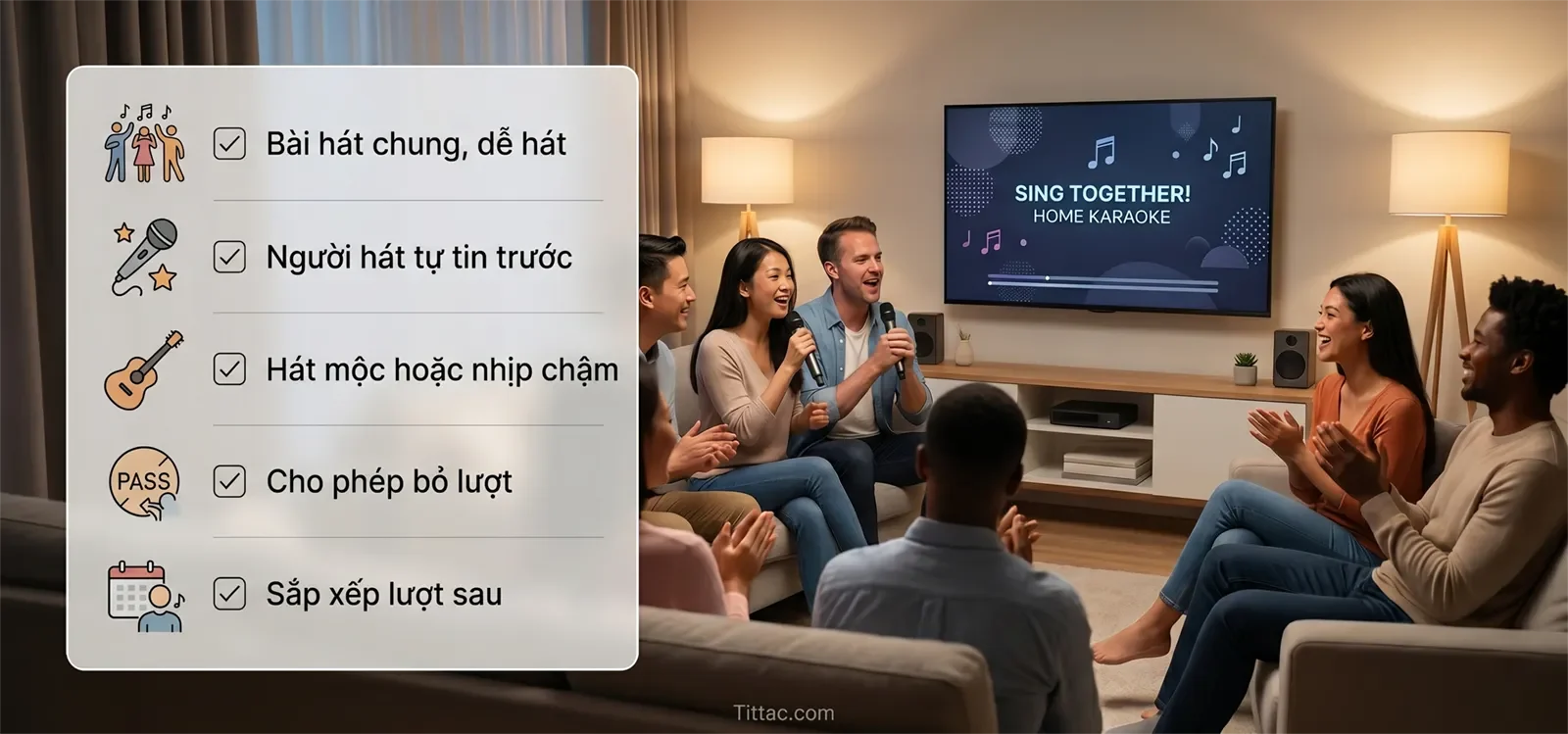 Quy trình karaoke thân thiện với người ngại hát từ bài dễ hát chung đến quyền bỏ lượt và quay lại sau.
