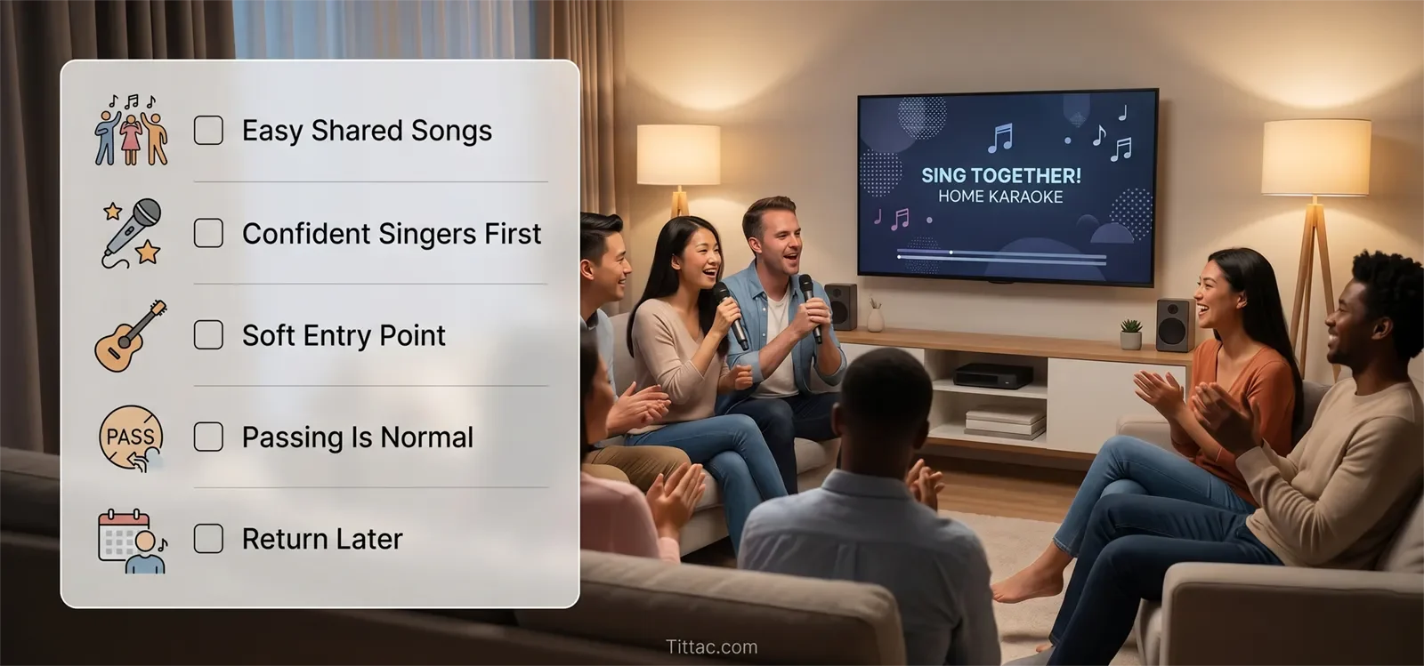 Shy guest friendly karaoke flow from easy shared songs to a normal pass option and later participation.