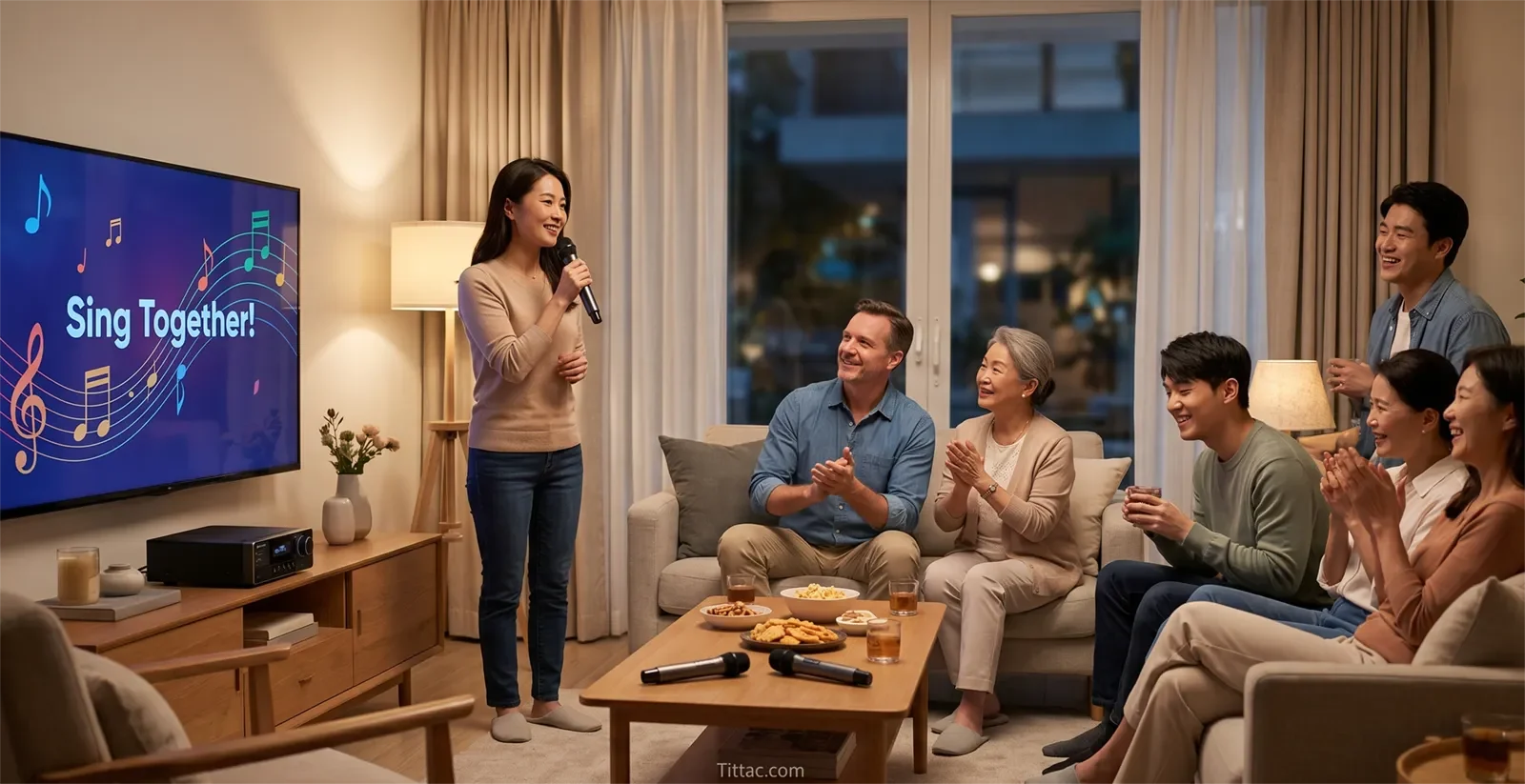 A relaxed home karaoke gathering where shy guests can join comfortably without pressure.