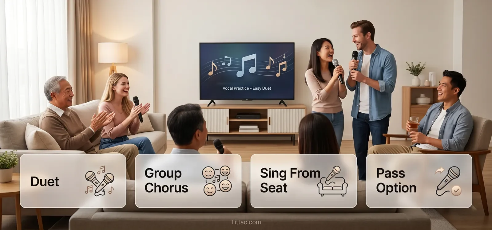 Low-pressure karaoke participation options including duet, group chorus, singing from seat, and pass option.