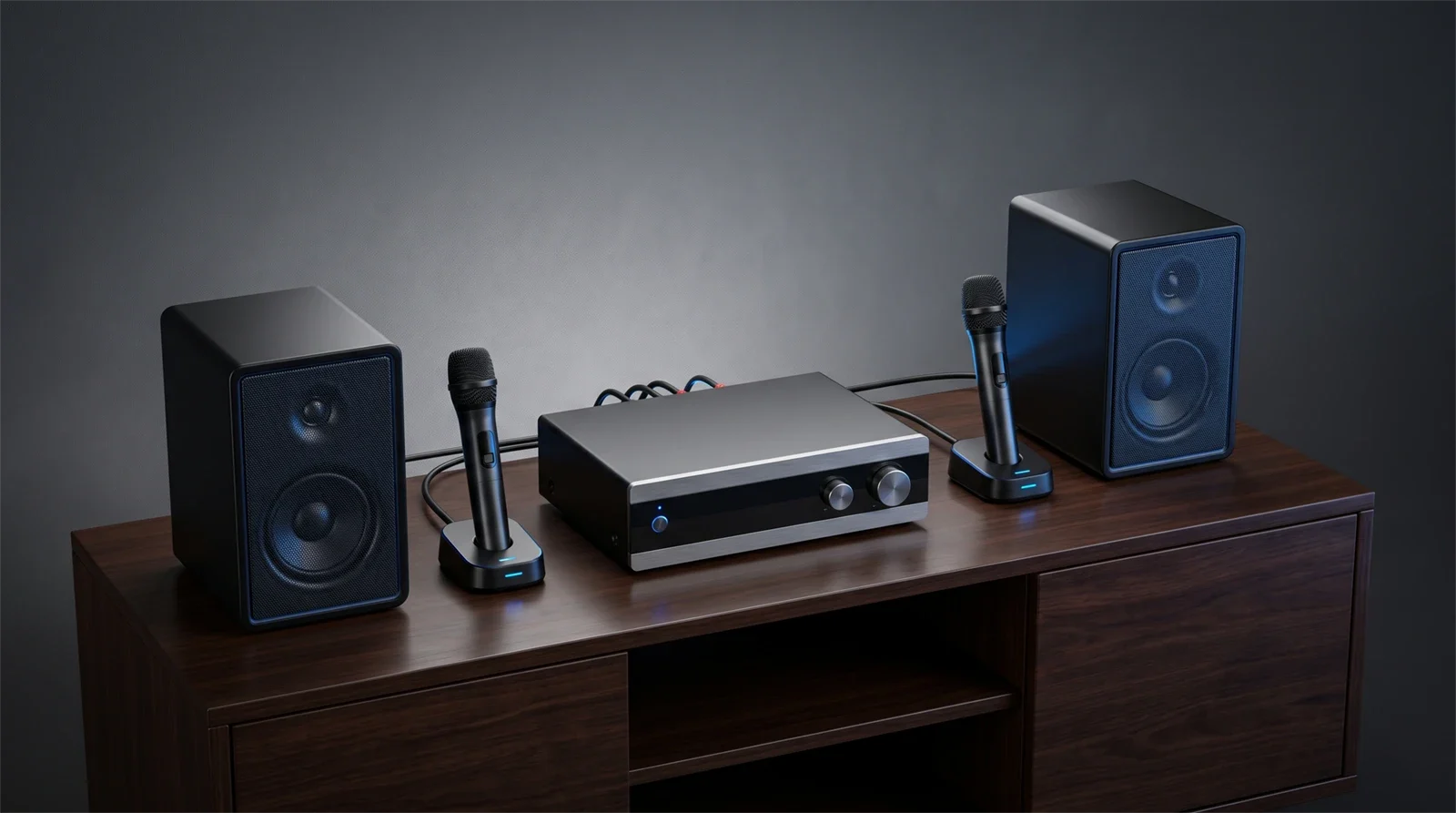Simple home karaoke setup with one mixing amplifier connected to speakers and wireless microphones.