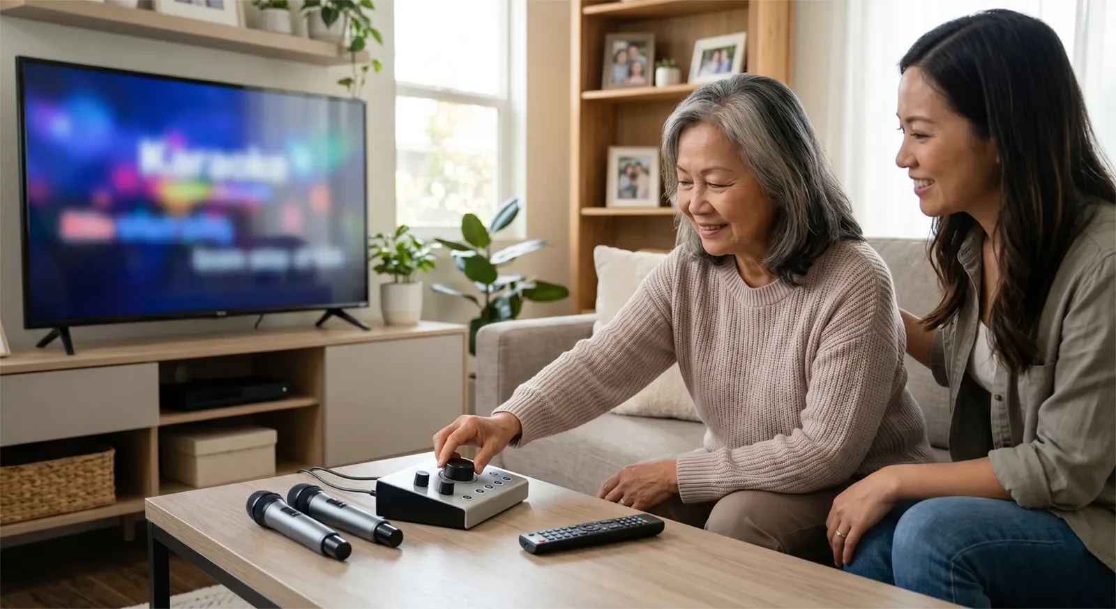 Dàn karaoke thân thiện với người lớn tuổi có nút điều khiển rõ ràng, micro không dây, TV và mixer