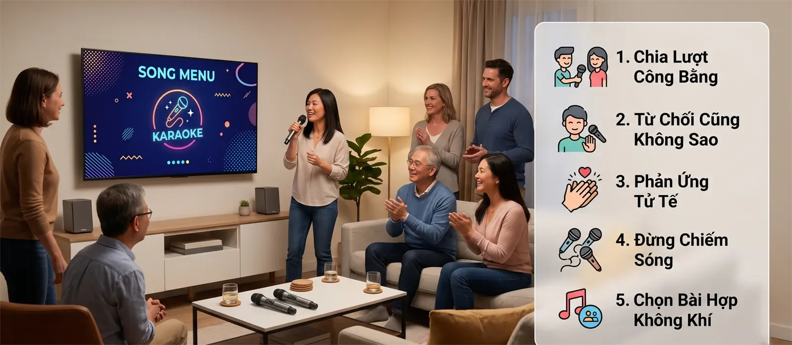 Checklist nguyên tắc karaoke tại nhà về chia lượt, từ chối lịch sự, phản ứng tử tế và chọn bài phù hợp.