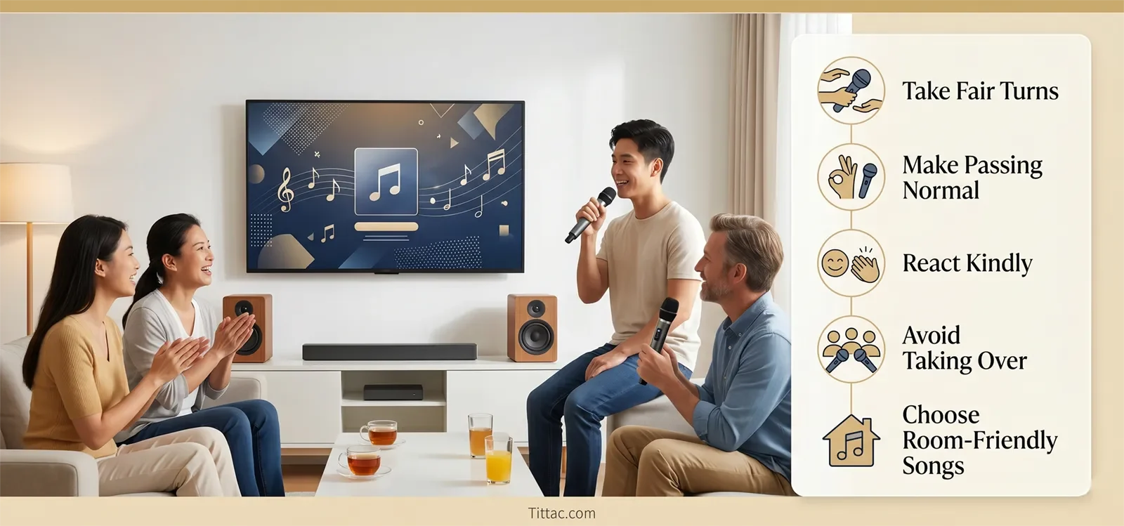 Simple home karaoke etiquette rules for fair turns, kind reactions, and comfortable group singing.
