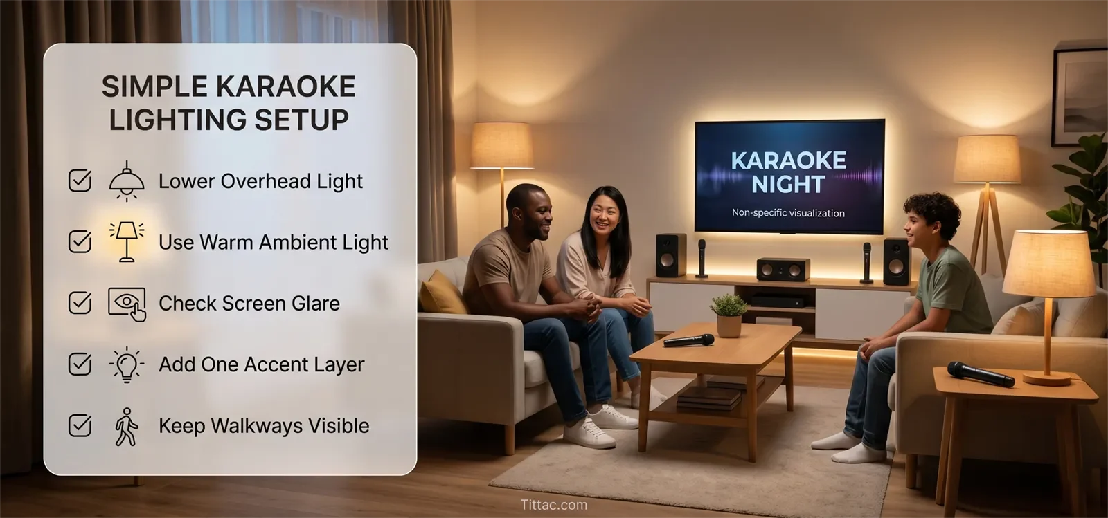 Simple karaoke room lighting checklist for soft overhead light, lyric screen glare, accent lighting, and safe movement.