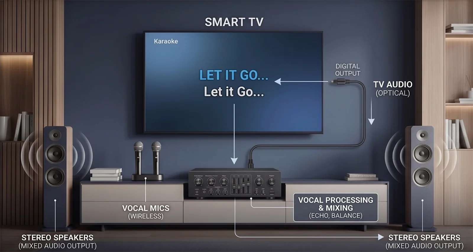 Simple optical audio path from a smart TV to a karaoke system with microphones connected to the karaoke unit.