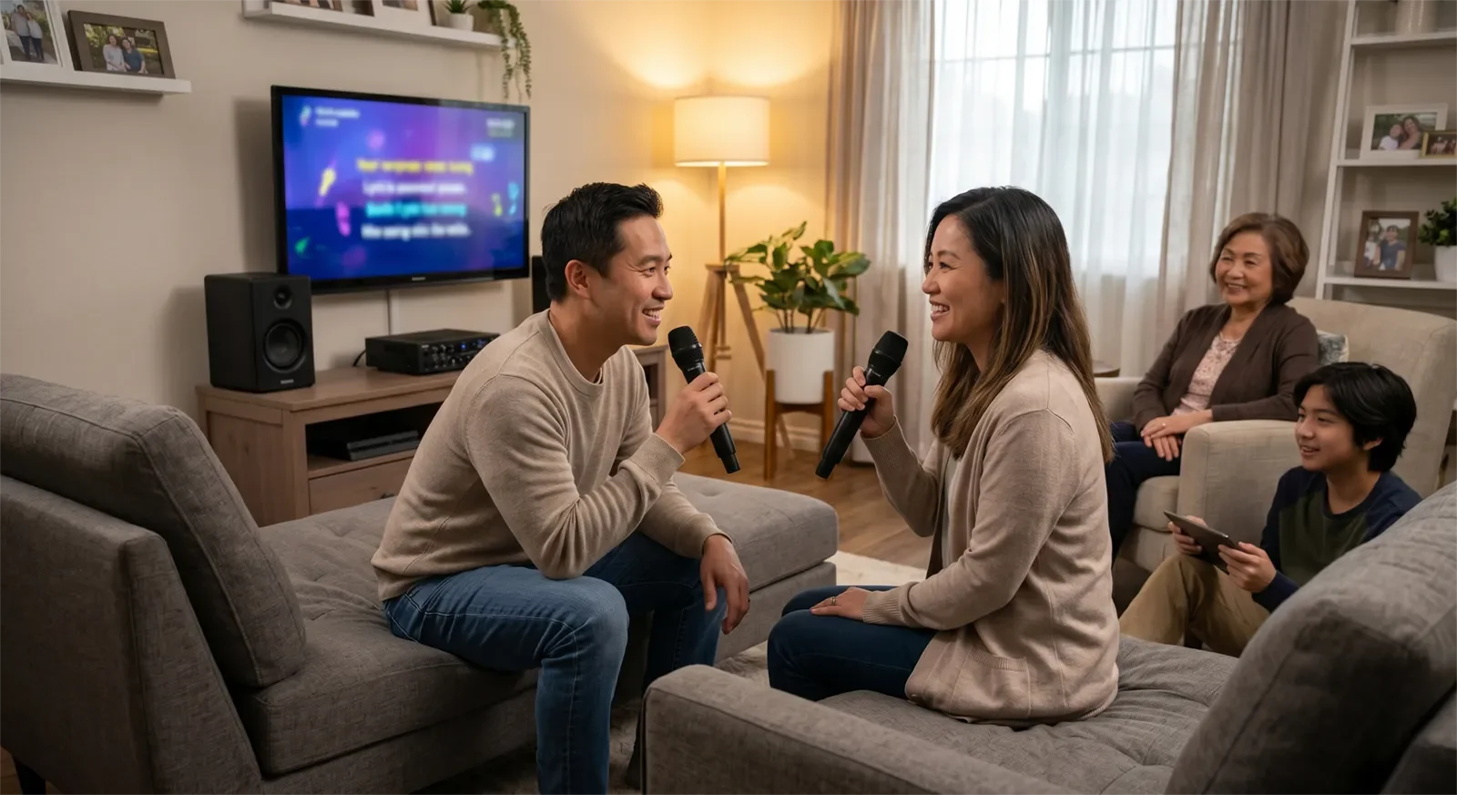 Dàn karaoke trong nhà nhỏ dùng ở âm lượng vừa với loa gọn và micro không dây