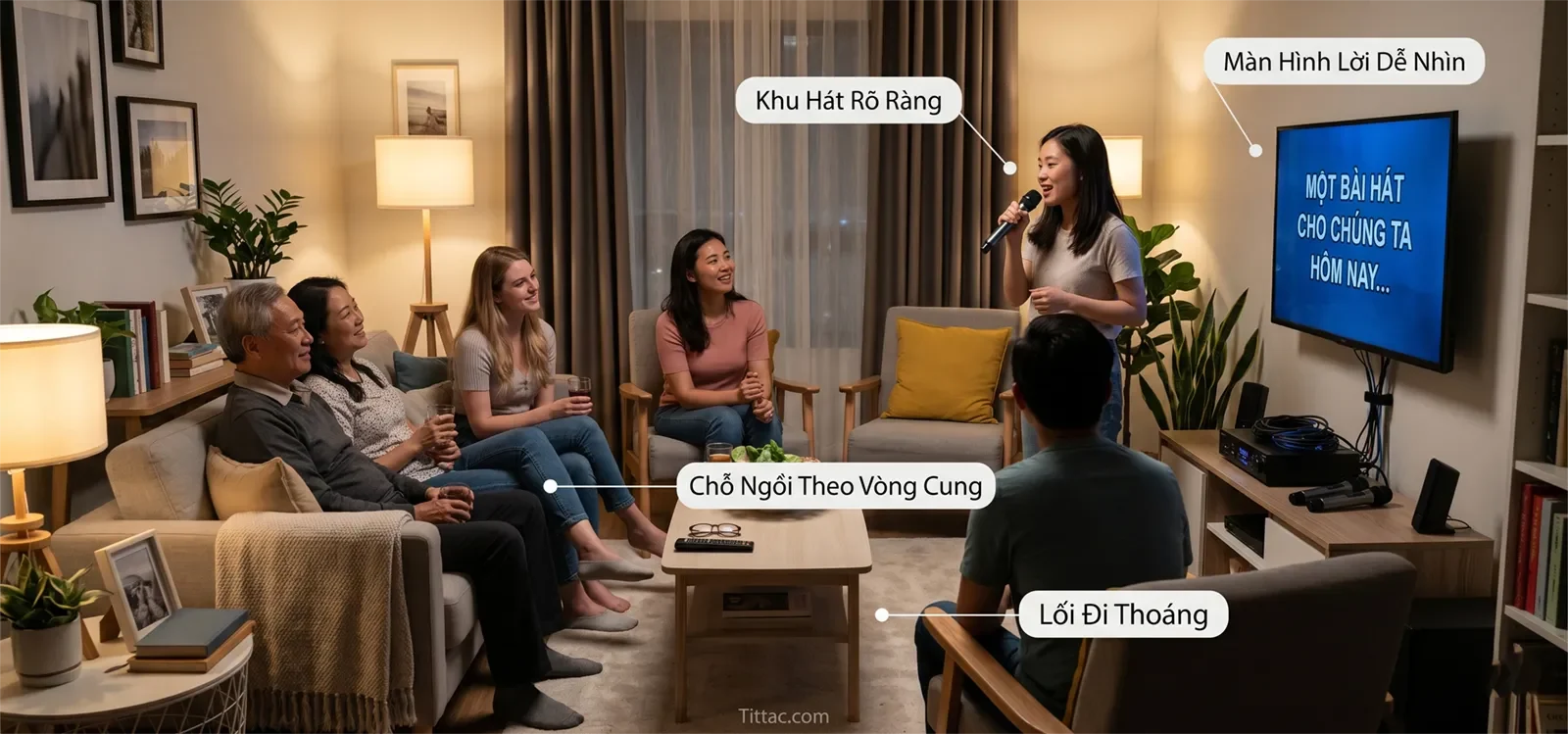 Bố cục karaoke cho không gian nhỏ với khu hát rõ ràng, màn hình lời dễ nhìn, chỗ ngồi theo vòng cung và lối đi thoáng.