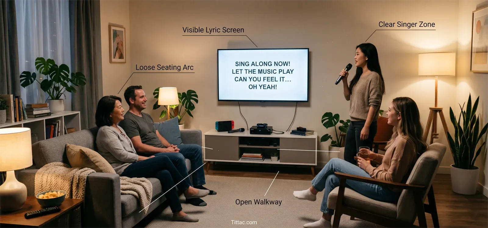 Small karaoke room layout showing a clear singer zone, visible lyric screen, seating arc, and open walkway.