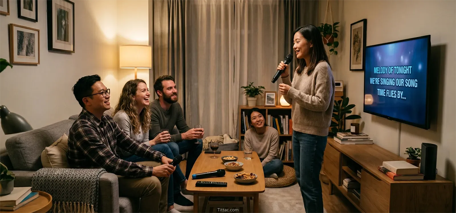 A cozy apartment living room arranged for small-space karaoke with a clear lyric screen and comfortable seating.