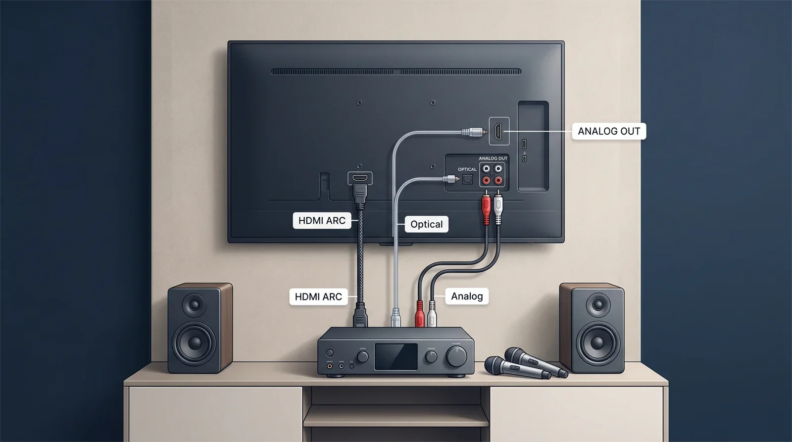 Smart TV karaoke connection options showing HDMI ARC, optical audio, and analog audio going into a karaoke system.